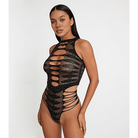 Strappy Rhinestone Sleeveless Bodysuit by Love In Leather - Teddies and Bodysuits