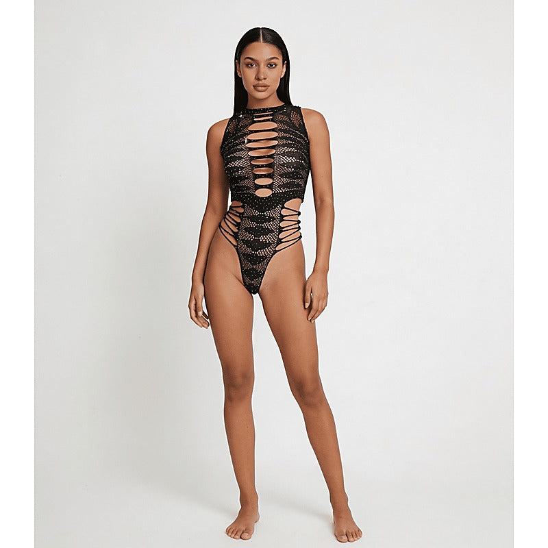 Strappy Rhinestone Sleeveless Bodysuit by Love In Leather - Teddies and Bodysuits