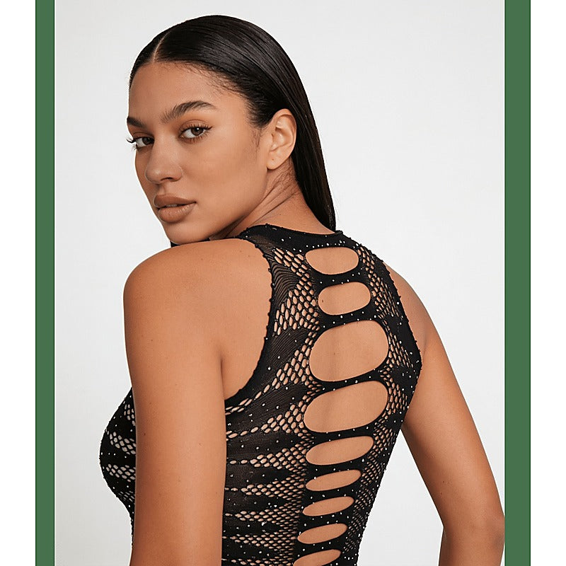 Strappy Rhinestone Sleeveless Bodysuit by Love In Leather - Teddies and Bodysuits