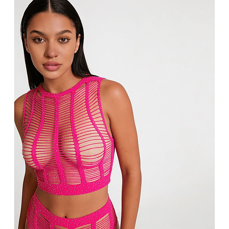 Rhinestone Two Piece Lingerie Set by Love In Leather - Bras and Bra Sets