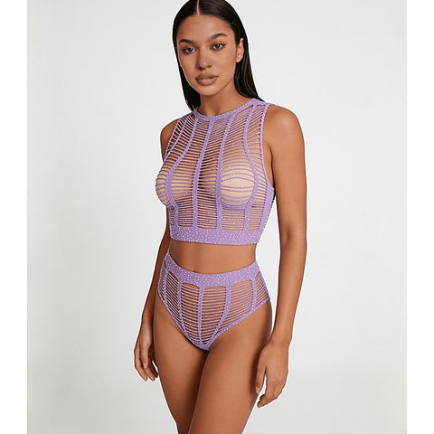 Rhinestone Two Piece Lingerie Set by Love In Leather - Bras and Bra Sets