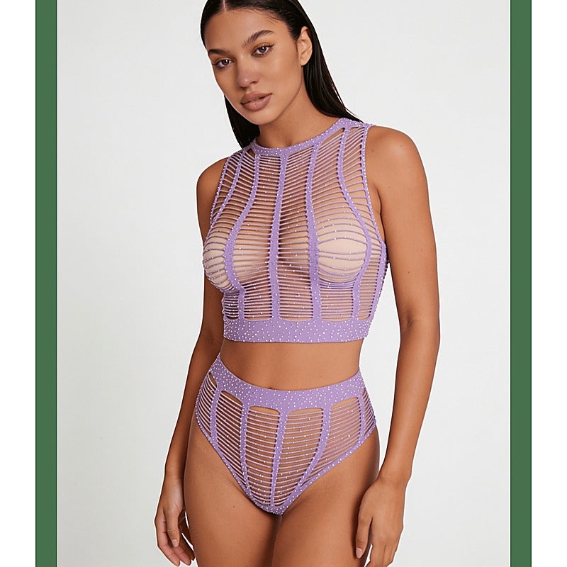 Rhinestone Two Piece Lingerie Set by Love In Leather - Bras and Bra Sets