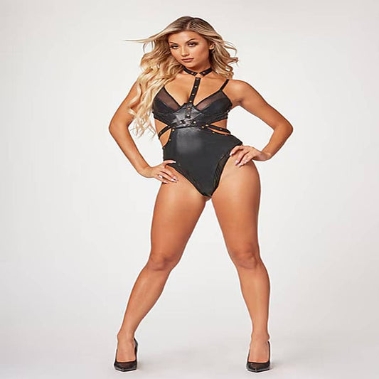 Seven Til Midnight Midnight Love Vegan Leather Two Piece Teddy Set Black - Teddies and Bodysuits