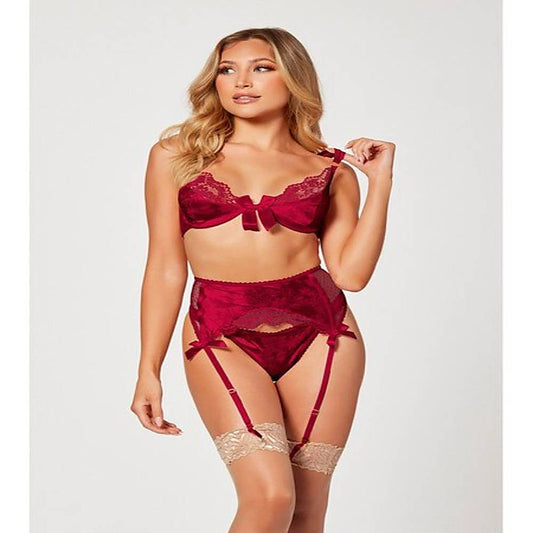 3 Piece Jacquard Bra Garter Belt And Panty Set - Bras and Bra Sets