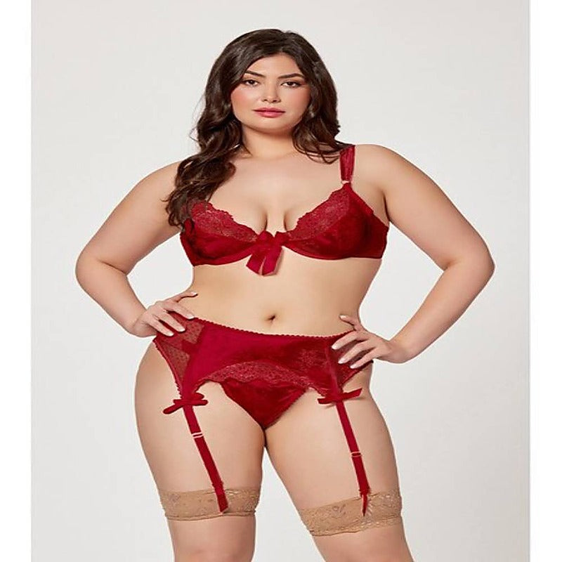 3 Piece Jacquard Bra Garter Belt And Panty Set - Bras and Bra Sets