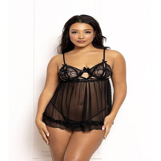 Two Piece Ditsy Floral and Mesh Babydoll Set - Babydolls and Chemises