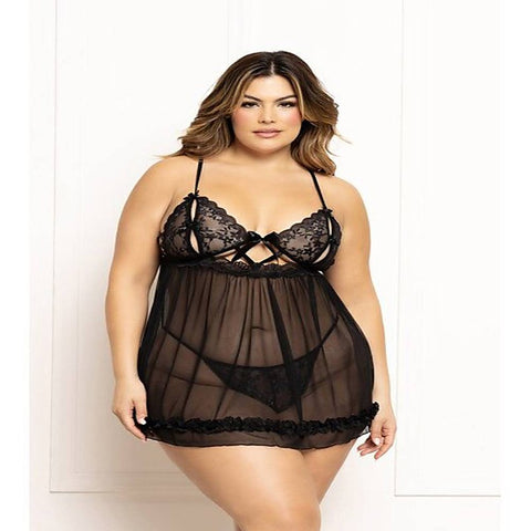 Two Piece Ditsy Floral and Mesh Babydoll Set - Babydolls and Chemises