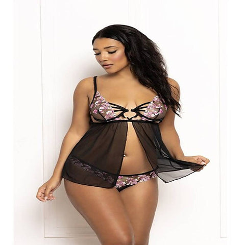 Two Piece Multicolored Embroidered Floral Galloon Lace and - Babydolls and Chemises