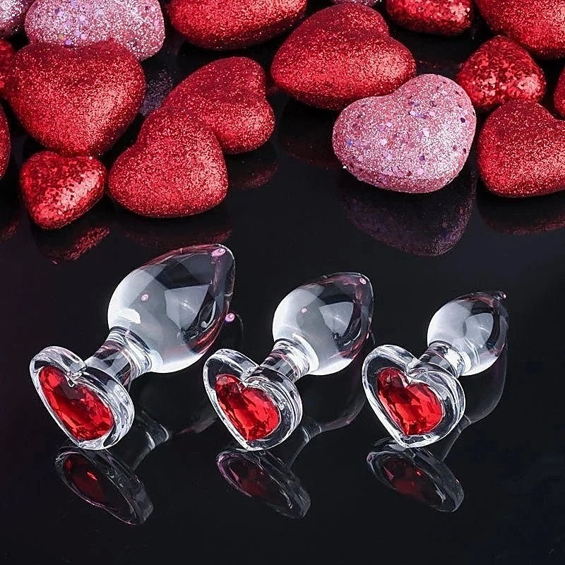 Adam & Eve Red Heart Gem Glass Butt Plug Set Clear 3 Sizes Progressive Anal Play - Butt Plugs