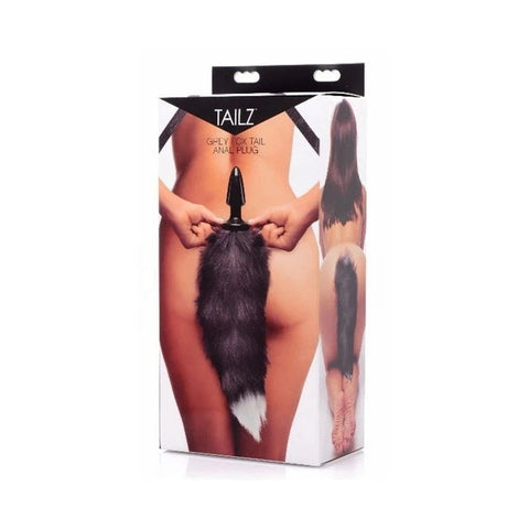 XR Brands Tailz Ultra Sexy Fox Tail Anal Plug Grey with 14 Inch Faux Fur Tail - Butt Plugs