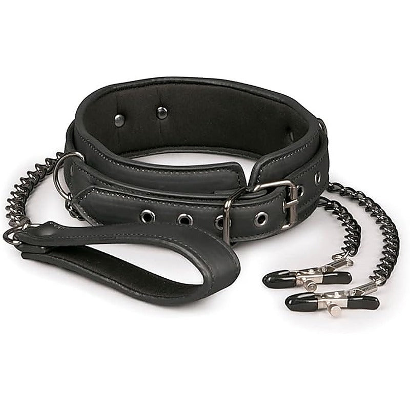 Fetish Collection Bondage Collar With Nipple Chains - Collars and Leads