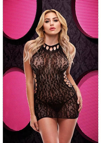 Xgen Products Lapdance Lingerie Leopard Lace High Neck Mini Dress Black Seductive - Body Stockings