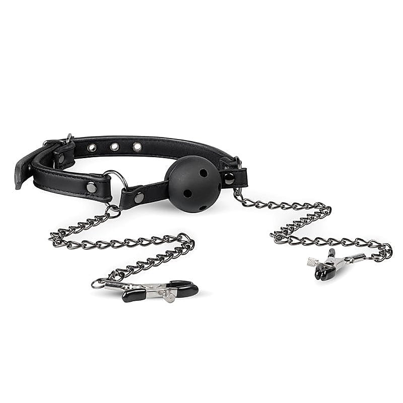 Fetish Collection Open Ball Gag With Nipple Clamps Breathable Design - Nipple and Clit Clamps