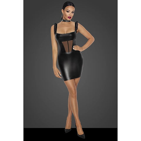 Power Wetlook Short Dress With Front Tulle Inserts Black - Her Fetish