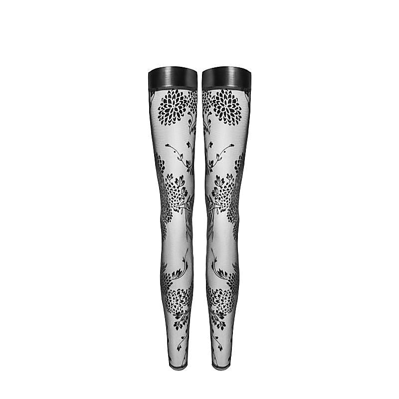 Tulle Stockings with Patterned Flock Embroidery - Her Fetish