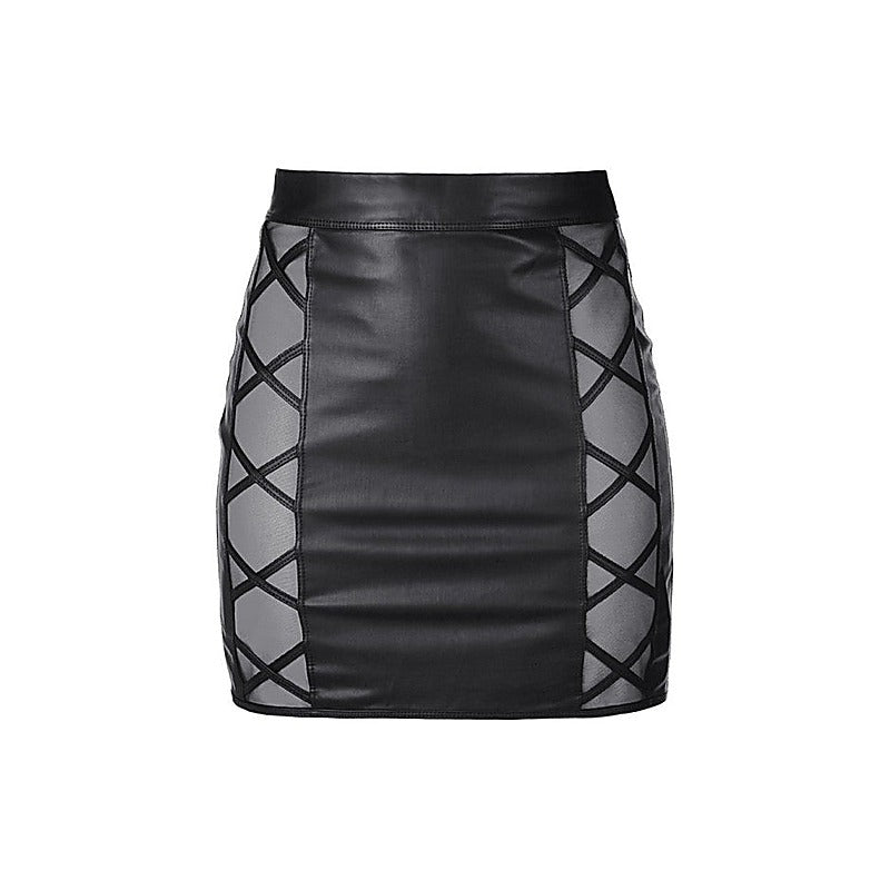 Axami Lingerie Stretch Wetlook Mesh Criss Cross Women Skirt Black with Rear Zipper - Her Fetish
