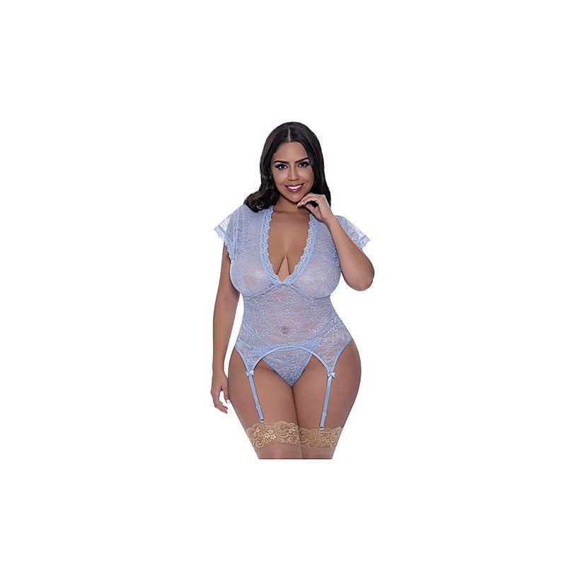 Exposed Lingerie Cap Sleeve Basque and Thong Set - Teddies and Bodysuits