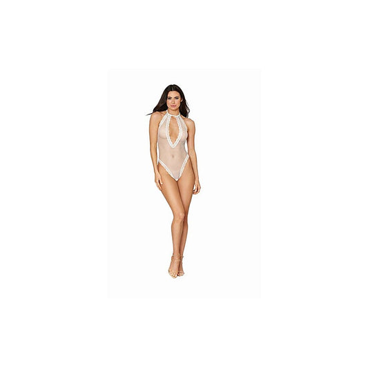 Fishnet Halter Teddy With Stretch Lace Edge Trims - Teddies and Bodysuits