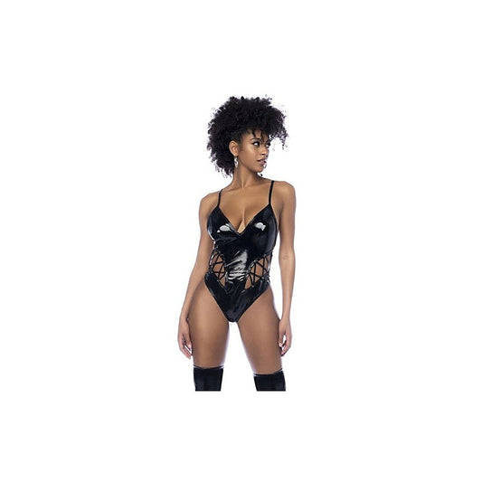 Wet Look Vinyl Bodysuit with Lace-up Eyelet Details - Her Fetish