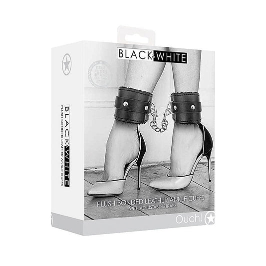 OUCH! BW Plush Bonded Leather Ankle Cuffs by Shots Toys - Cuffs and Restraints