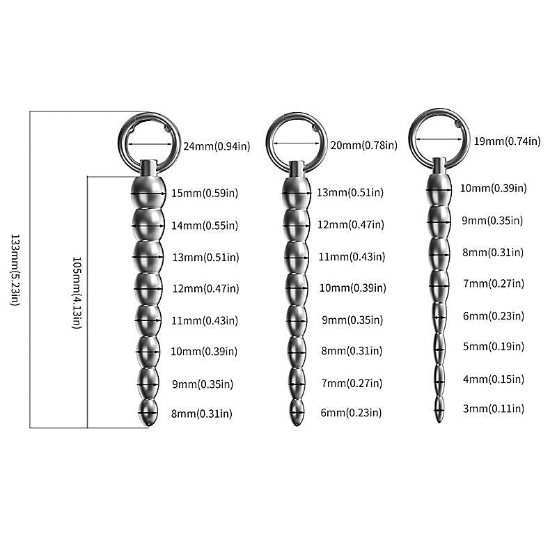 Ribbed Metal Dilator Urethral Beads with Ring by BDStyle - Urethral Sounds