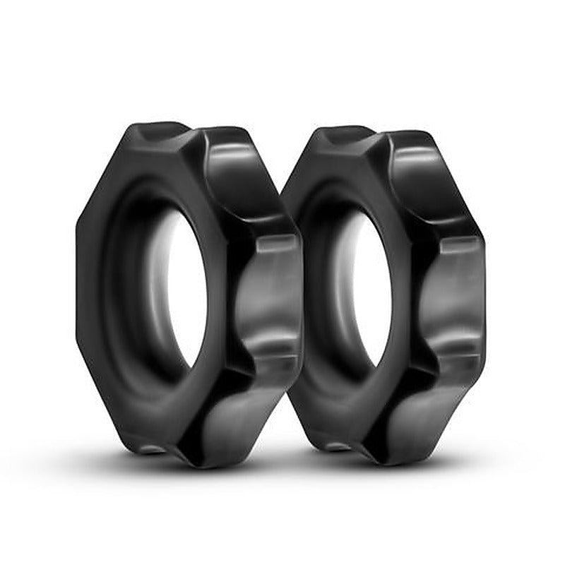 Blush Novelties Stay Hard Nutz Cock Ring Set 2 Piece Black Dual Ring Set - Stretchy Cock Rings
