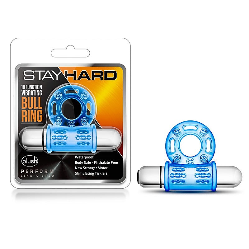 Blush Novelties Stay Hard 10 Function Vibrating Bull Cock Ring Blue - Vibrating Cock Rings