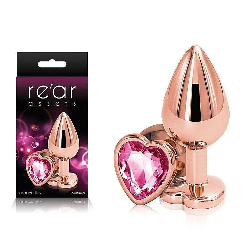 Rear Assets Rose Gold Heart Gem Base Metal Anal Plug Medium - Butt Plugs