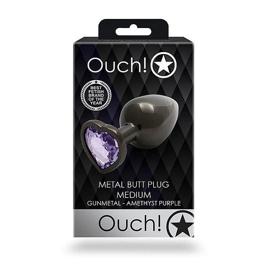OUCH Heart Gem Base Gunmetal Butt Plug Medium by Shots Toys - Butt Plugs