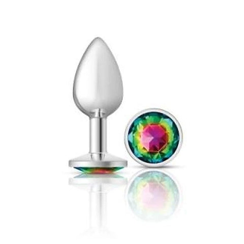 Cheeky Charms Silver Round Butt Plug with Rainbow Jewel - Butt Plugs