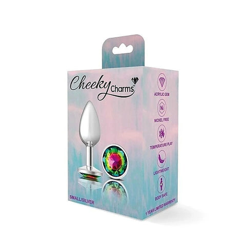 Cheeky Charms Silver Round Butt Plug with Rainbow Jewel - Butt Plugs