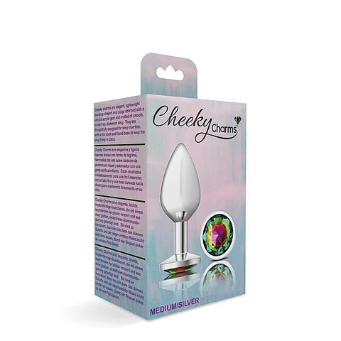 Cheeky Charms Silver Round Butt Plug with Rainbow Jewel - Butt Plugs
