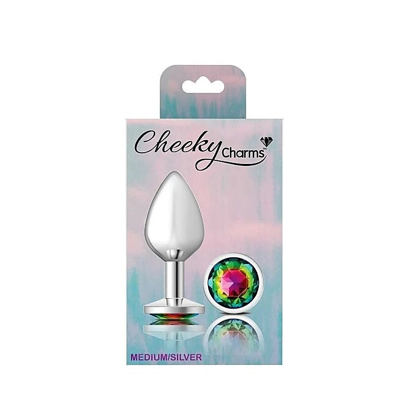 Cheeky Charms Silver Round Butt Plug with Rainbow Jewel - Butt Plugs