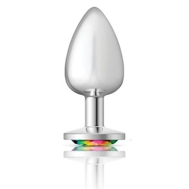 Cheeky Charms Silver Round Butt Plug with Rainbow Jewel - Butt Plugs