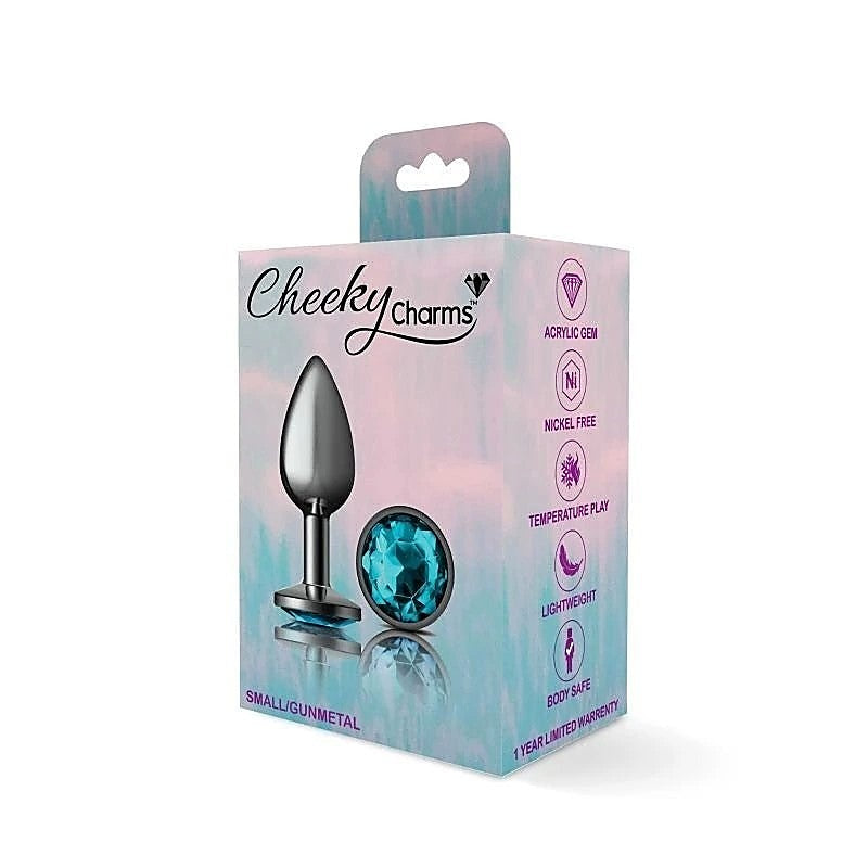 Cheeky Charms Gunmetal Round Butt Plug With Teal Jewel - Butt Plugs