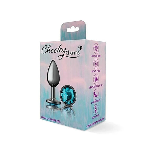 Cheeky Charms Gunmetal Round Butt Plug With Teal Jewel - Butt Plugs