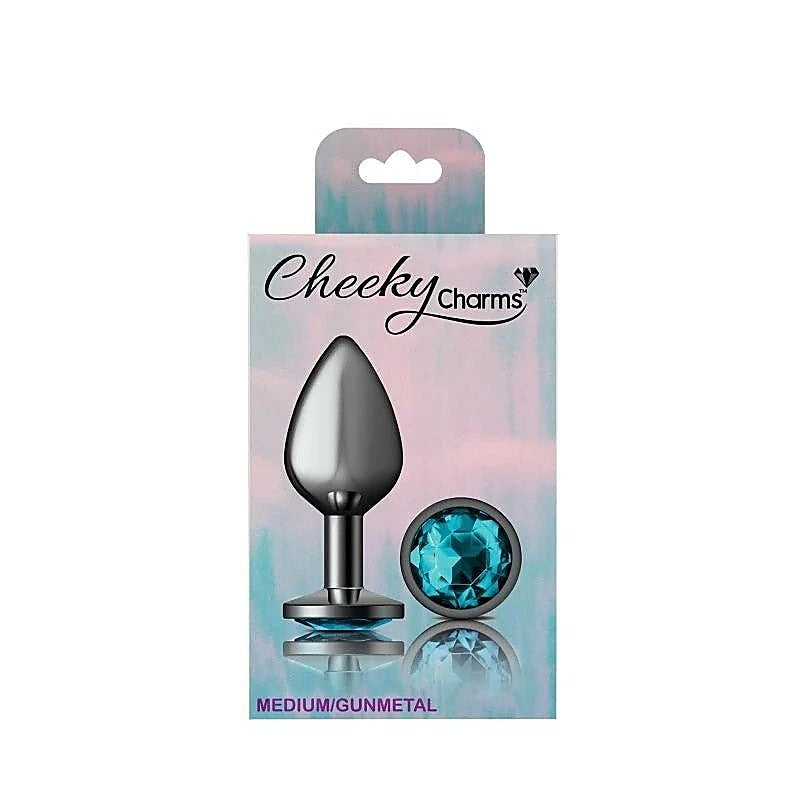 Cheeky Charms Gunmetal Round Butt Plug With Teal Jewel - Butt Plugs