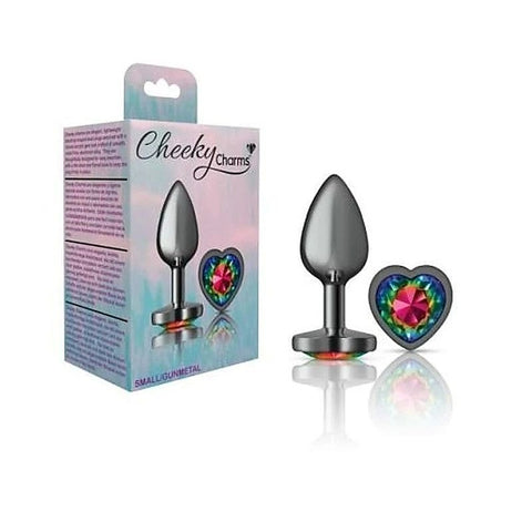 Cheeky Charms Gunmetal Butt Plug with Heart Rainbow Jewel - Butt Plugs