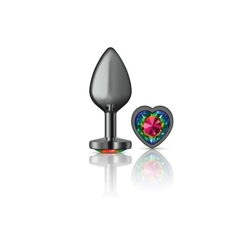 Cheeky Charms Gunmetal Butt Plug with Heart Rainbow Jewel - Butt Plugs