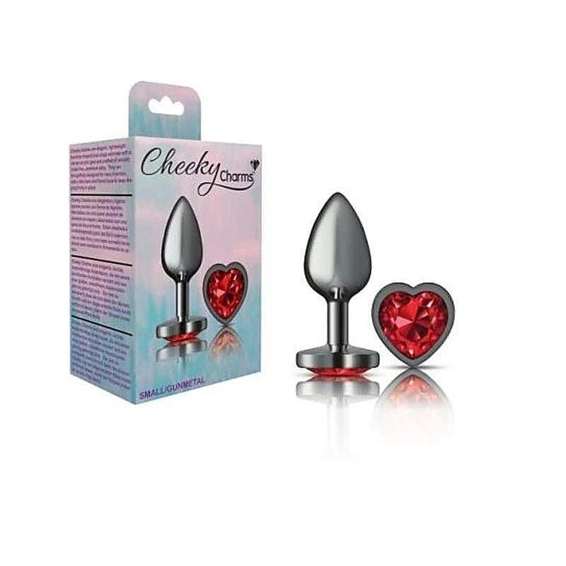 Cheeky Charms Gunmetal Anal Plug with Heart Red Jewel - Butt Plugs