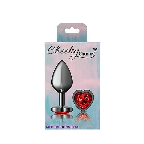 Cheeky Charms Gunmetal Anal Plug with Heart Red Jewel - Butt Plugs