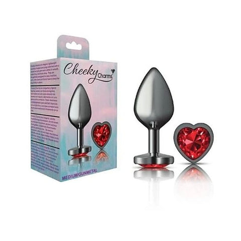 Cheeky Charms Gunmetal Anal Plug with Heart Red Jewel - Butt Plugs