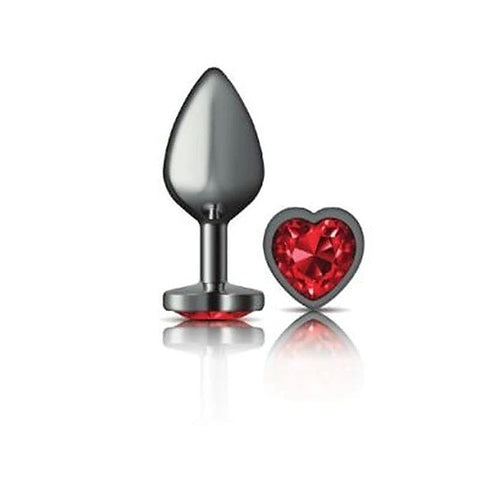 Cheeky Charms Gunmetal Anal Plug with Heart Red Jewel - Butt Plugs