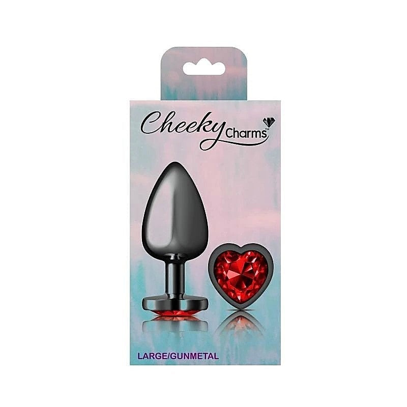 Cheeky Charms Gunmetal Anal Plug with Heart Red Jewel - Butt Plugs