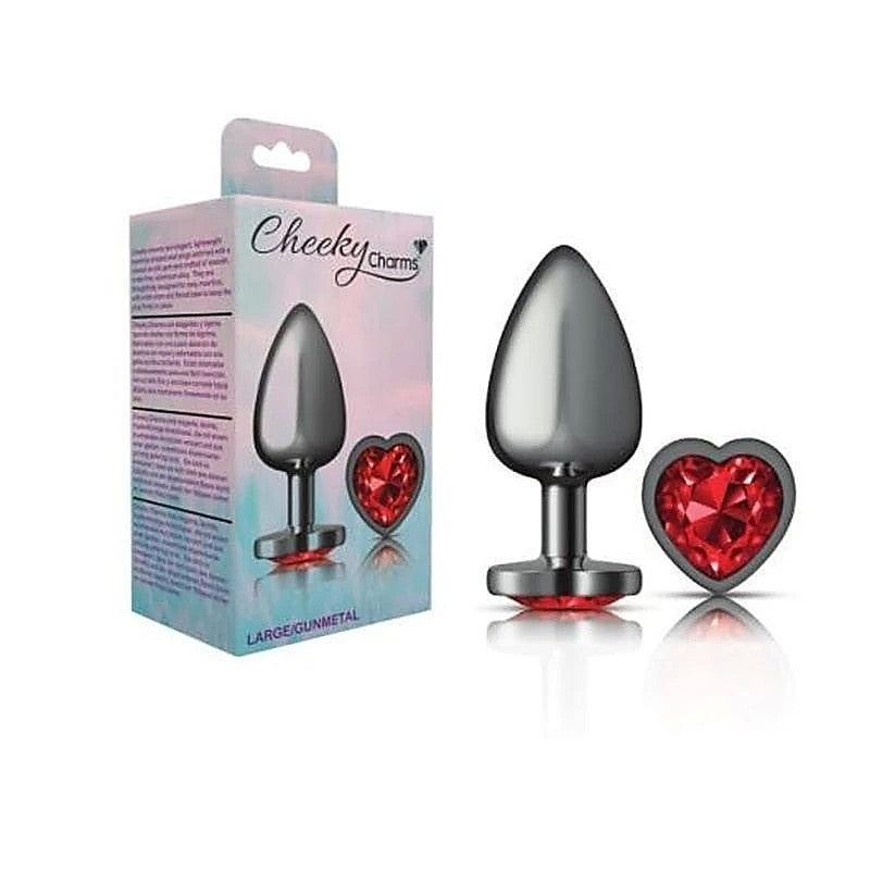 Cheeky Charms Gunmetal Anal Plug with Heart Red Jewel - Butt Plugs