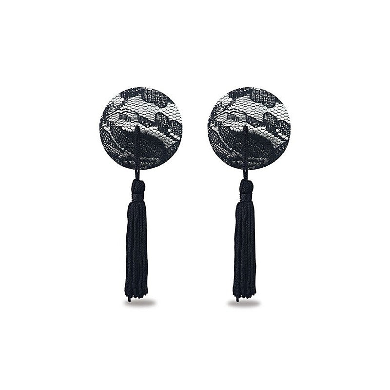 Reusable Black Lace Round Tassel Nipple Pasties by Lovetoy - Breast and Nipple Toys