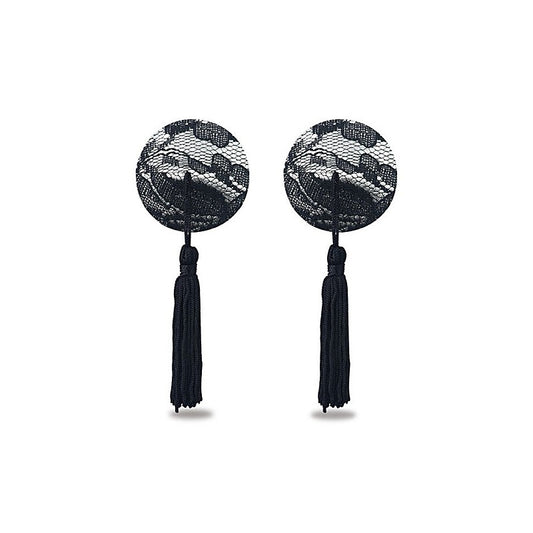 Reusable Black Lace Round Tassel Nipple Pasties by Lovetoy - Breast and Nipple Toys