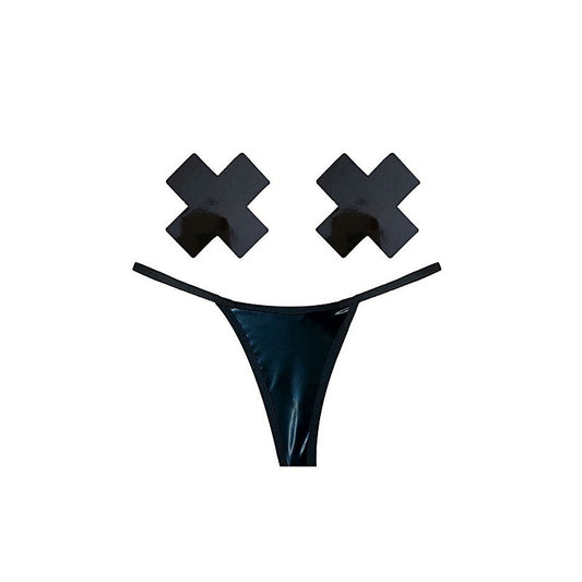 Dom Squad Black Wet Vinyl Pastie & G String Set by Neva Nude - G-Strings, Panties and Shorts