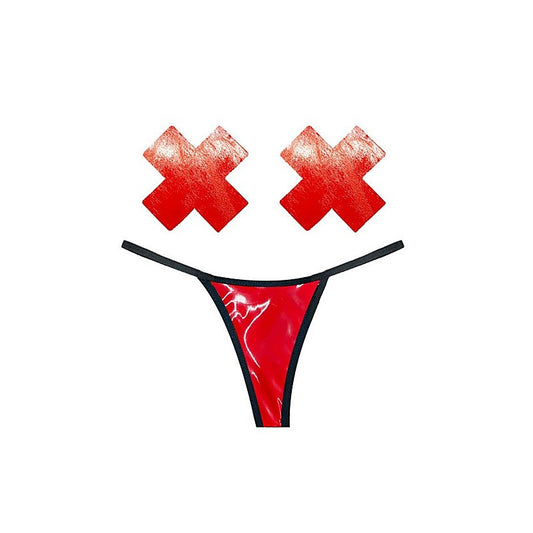 Vixen Red Wet Vinyl Womens Pastie & G String Set - G-Strings, Panties and Shorts