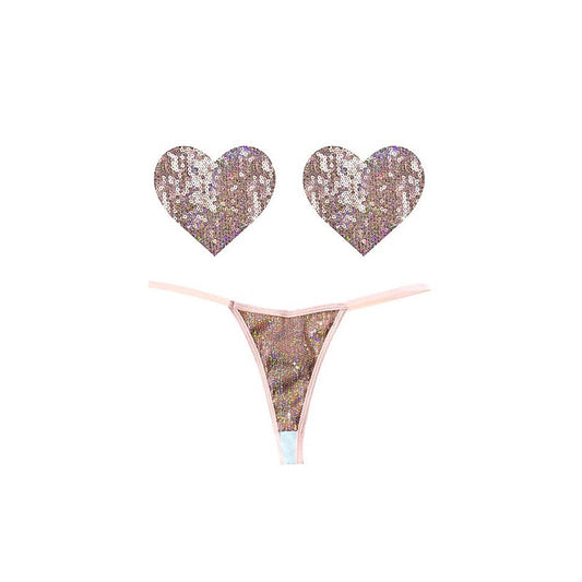 Bubbly Feels Nude Sequin Pantie & Heart Shapes Pastie Set - G-Strings, Panties and Shorts